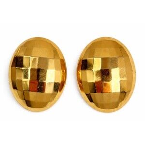 Vintage 1980s Gold Tone Faceted Oval Dome Earrings Bold Minimalist Disco Runway